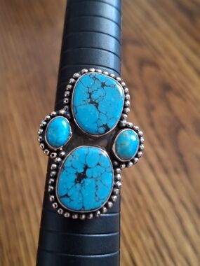 Ring Turquoise 4 Stone Set In Copper Frame And Band Adjustable Band